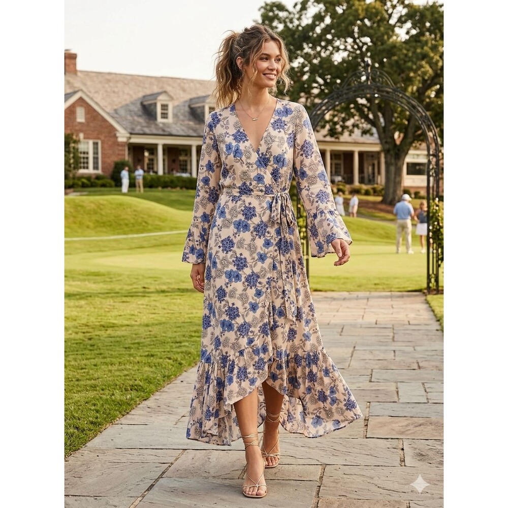 Selfie Leslie Floral Wrap Pink Blue Maxi Ruffle Dress Sz Large Flutter sleeves